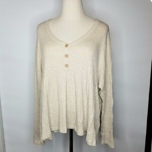 Jolie Beige Dolman Longsleeve Flared Hem Half Button Waffle Thin Top , 1XL